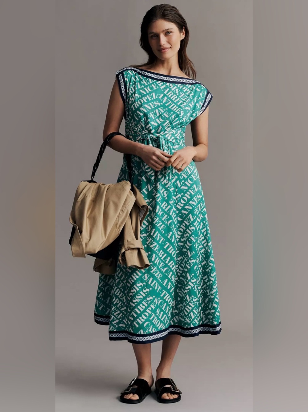 Maeve Teal Printed Boatneck Midi Dress with Waist Tie